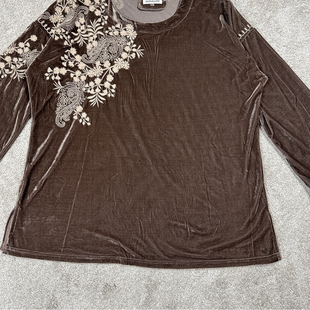 Paparazzi Embroidered Velvet Western Blouse Tunic Top Boho Whimsigoth in Brown L - Picture 5 of 13